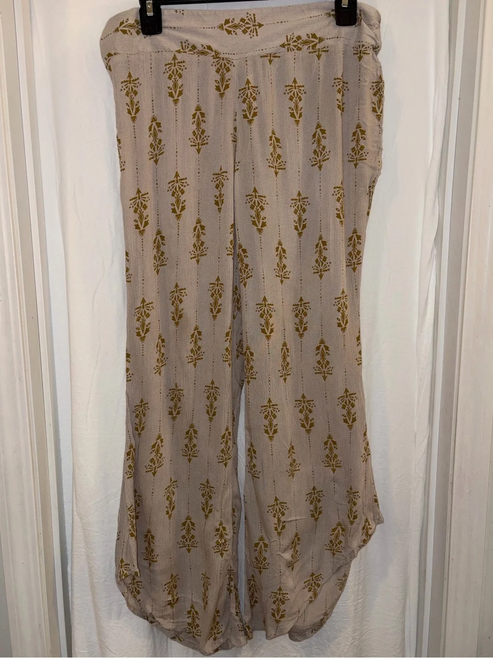 Free People Taupe Wide Leg Printed Pants with Mustard Motif